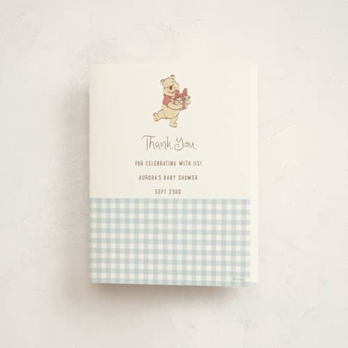 This is a sky baby shower thank you cards with standard by Teju Reval called disney's winter pooh printing on strathmore in standard