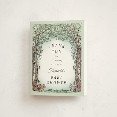 This is a mint baby shower thank you cards with standard by Becky Nimoy called victorian forest scene printing on strathmore in standard