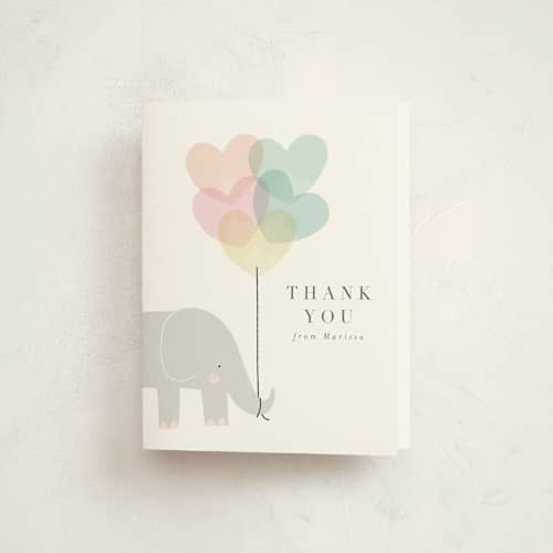 This is a peony baby shower thank you cards with standard by Lori Wemple called elephant printing on strathmore in standard