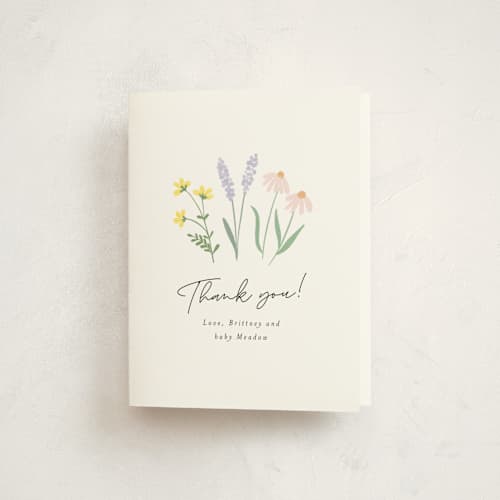 This is a pastel baby shower thank you cards with standard by Itsy Belle Studio called she's a wildflower printing on strathmore in standard