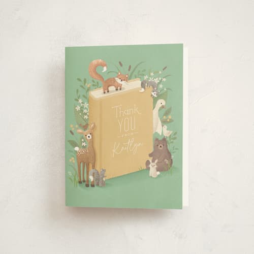 This is a mint baby shower thank you cards with standard by Jennifer Wick called storybook printing on strathmore in standard