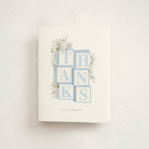 This is a baby blue baby shower thank you cards with standard by Itsy Belle Studio called botanical blocks printing on strathmore in standard