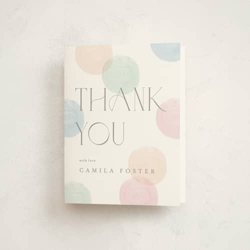 This is a confetti baby shower thank you cards with standard by Pixel and Hank called polka dot party printing on strathmore in standard