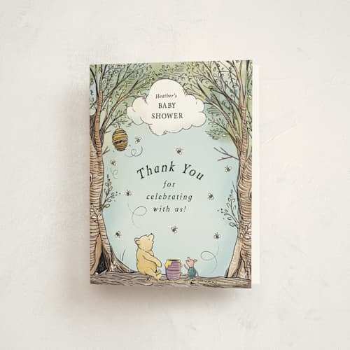 This is a sky baby shower thank you cards with standard by Becky Nimoy called disney's winnie the pooh in the wood printing on strathmore in standard