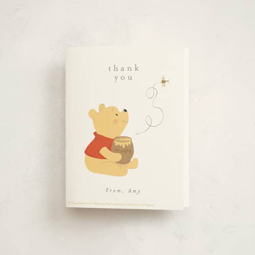 This is a cotton baby shower thank you cards with standard by Angela Thompson called disney's pooh hunny pot printing on strathmore in standard