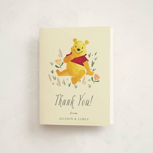This is a honey baby shower thank you cards with standard by Oma N. Ramkhelawan called disney's winnie the pooh garden printing on strathmore in standard