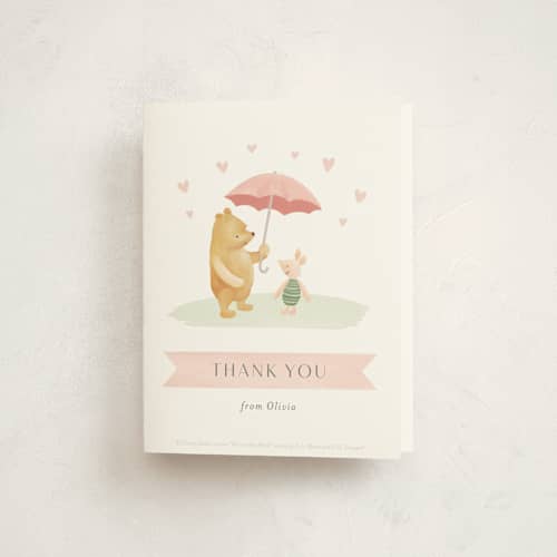 This is a blush baby shower thank you cards with standard by Katherine Moynagh called disney's pooh and piglet printing on strathmore in standard