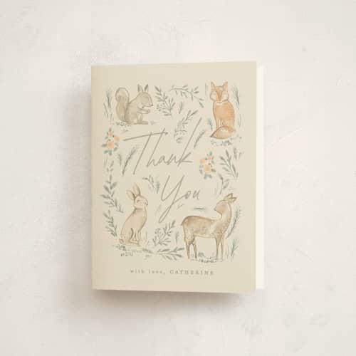 This is a ginger baby shower thank you cards with standard by Creo Study called vintage woodland printing on strathmore in standard