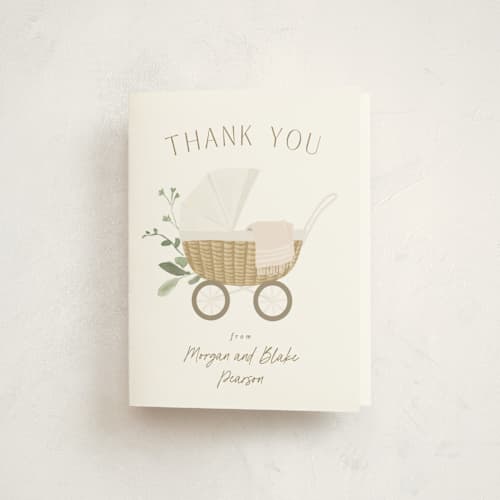 This is a porcelain baby shower thank you cards with standard by Everett Paper Goods called boho buggy printing on strathmore in standard