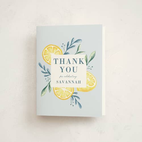 This is a pale blue baby shower thank you cards with standard by Megan Cash called lemons printing on strathmore in standard