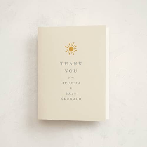This is a golden sun baby shower thank you cards with standard by Meggy Masters called sun toss printing on strathmore in standard