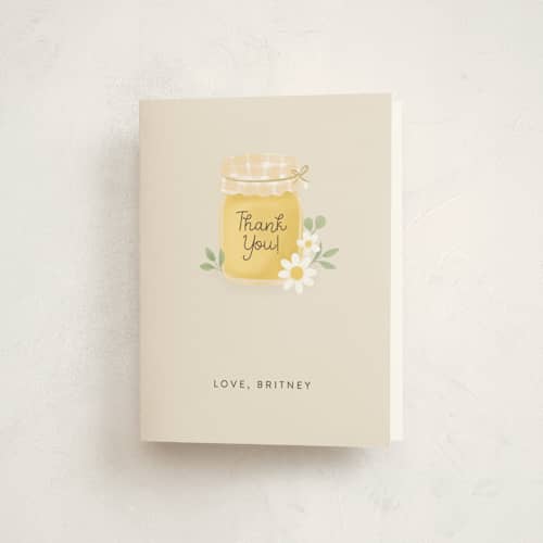 This is a greige baby shower thank you cards with standard by Itsy Belle Studio called little honey printing on strathmore in standard