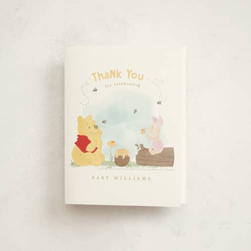 This is a sky baby shower thank you cards with standard by Creo Study called disney's winnie the pooh a little hunny printing on strathmore in standard