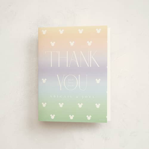 This is a rainbow baby shower thank you cards with standard by Beth Schneider called disney ombre mickey mouse printing on strathmore in standard