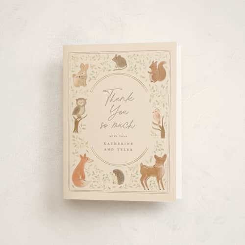 This is a ecru baby shower thank you cards with standard by Creo Study called woodland storybook printing on strathmore in standard