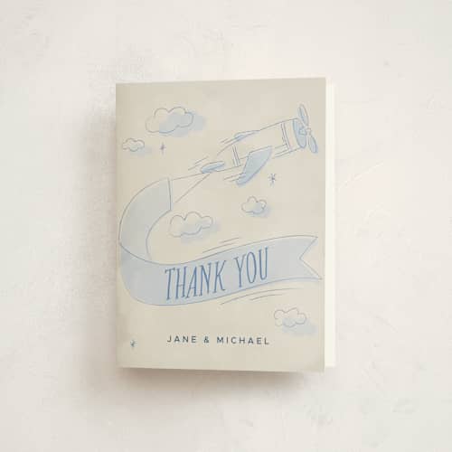 This is a sky baby shower thank you cards with standard by Vera Lim called fly with me printing on strathmore in standard