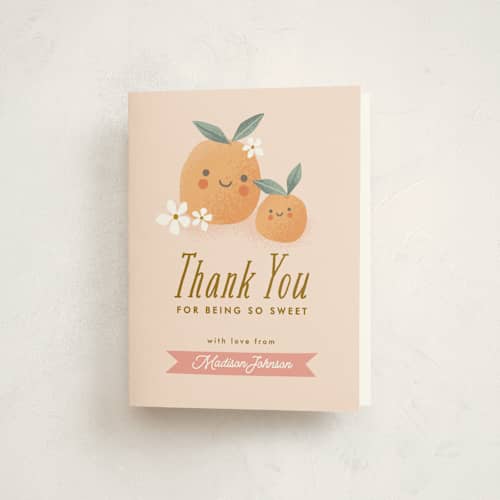 This is a peach baby shower thank you cards with standard by Karidy Walker called little cutie oranges printing on strathmore in standard