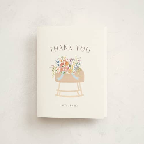 This is a summer baby shower thank you cards with standard by Itsy Belle Studio called baby basket printing on strathmore in standard