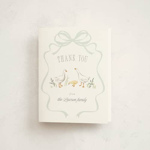 This is a mint baby shower thank you cards with standard by Everett Paper Goods called storybook geese printing on strathmore in standard