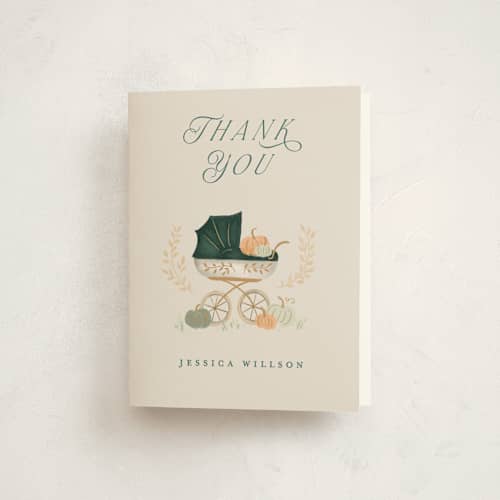 This is a pumpkin baby shower thank you cards with standard by Petra Kern called pumpkin stroller printing on strathmore in standard