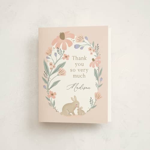 This is a petal baby shower thank you cards with standard by Karidy Walker called garden bunnies printing on strathmore in standard