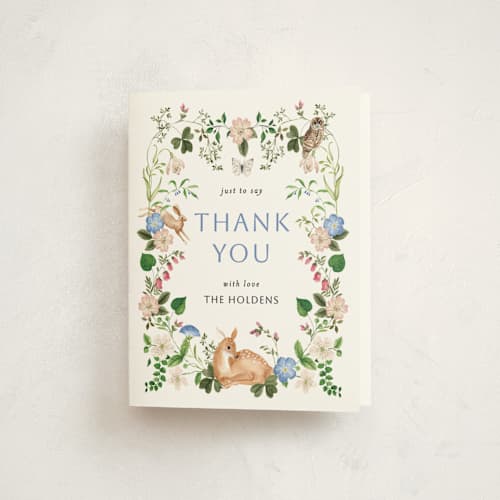 This is a elderflower baby shower thank you cards with standard by Sarah Knight called spring woodland printing on strathmore in standard