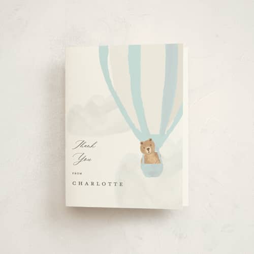 This is a blue berry baby shower thank you cards with standard by Teju Reval called hot air balloon bear printing on strathmore in standard
