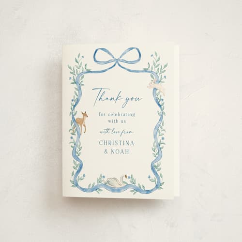 This is a blueberry baby shower thank you cards with standard by Elly called ribbon garden printing on strathmore in standard