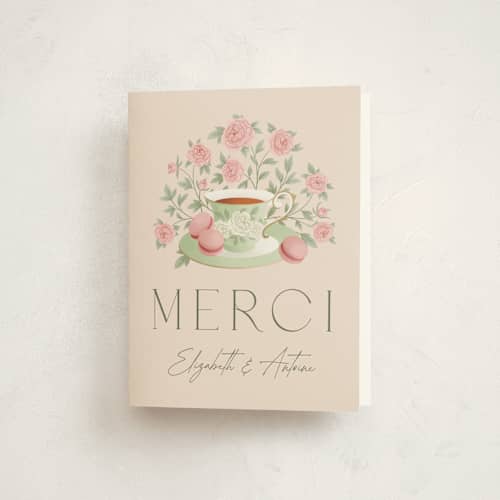 This is a framboise baby shower thank you cards with standard by Jamie Alexander called a baby is brewing printing on strathmore in standard