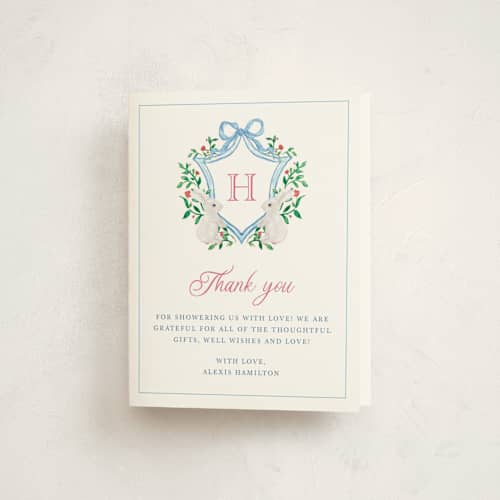 This is a cotton candy baby shower thank you cards with standard by Cass Loh called bunny crest printing on strathmore in standard