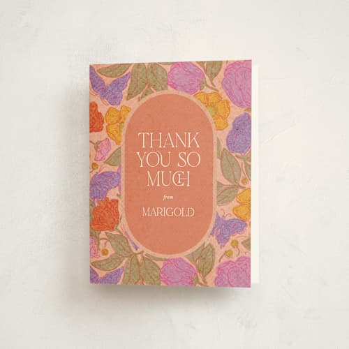 This is a peach baby shower thank you cards with standard by Simona Camp called vintage garden printing on strathmore in standard
