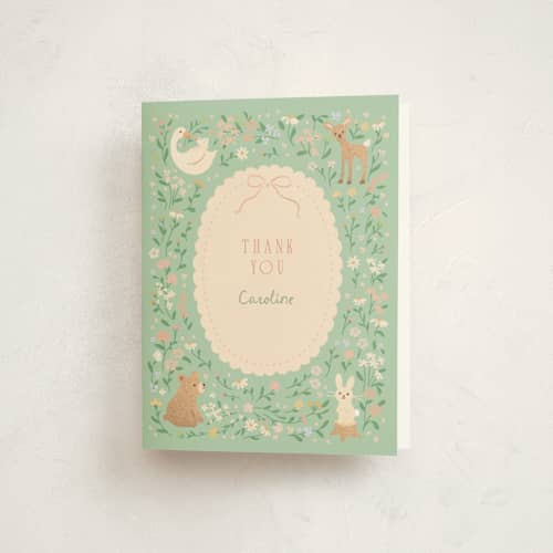 This is a mint baby shower thank you cards with standard by Jennifer Wick called garden animals printing on strathmore in standard