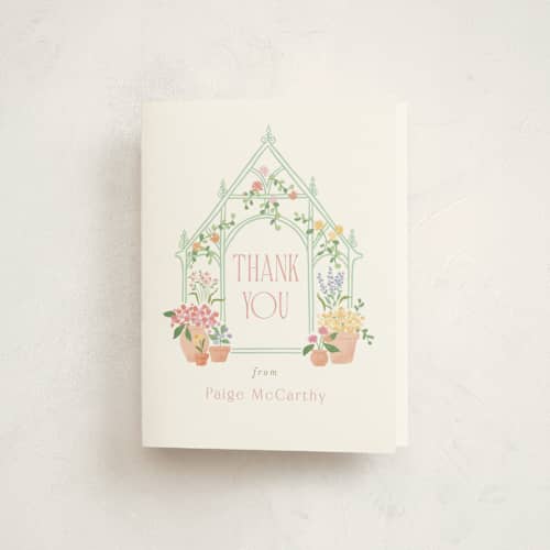 This is a strawberry baby shower thank you cards with standard by Jennifer Wick called petite greenhouse printing on strathmore in standard