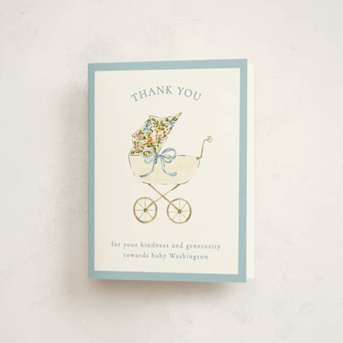 This is a sky baby shower thank you cards with standard by Sarah Knight called pram printing on strathmore in standard