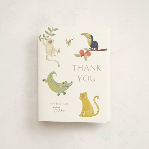 This is a ivory baby shower thank you cards with standard by Kate Blalock called tropical animals printing on strathmore in standard