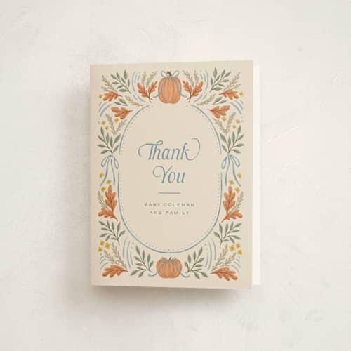 This is a cornflower baby shower thank you cards with standard by Laura Hankins called pumpkins + bows printing on strathmore in standard