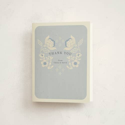 This is a bluebird baby shower thank you cards with standard by Peony Rose Design called pastel baby blooms printing on strathmore in standard