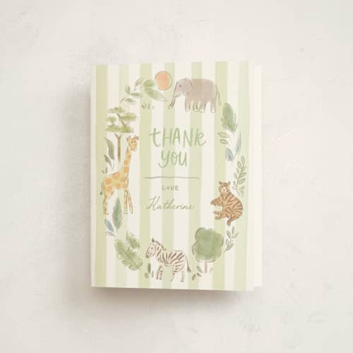 This is a jungle baby shower thank you cards with standard by Creo Study called a wild one printing on strathmore in standard