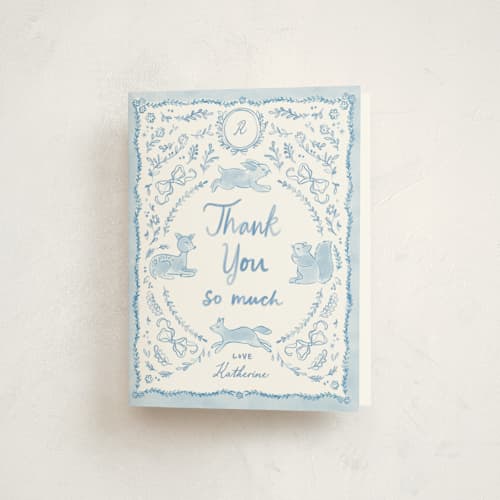 This is a sky baby shower thank you cards with standard by Creo Study called folk woodland printing on strathmore in standard