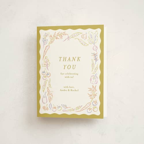 This is a olive baby shower thank you cards with standard by Natalie Rae called veggie patch printing on strathmore in standard