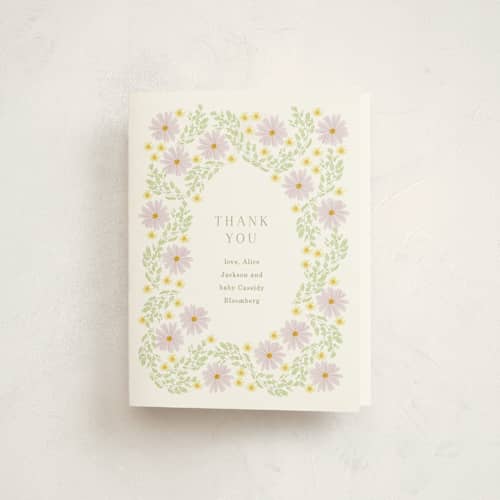 This is a daisy baby shower thank you cards with standard by Baumbirdy called blooming baby frame printing on strathmore in standard