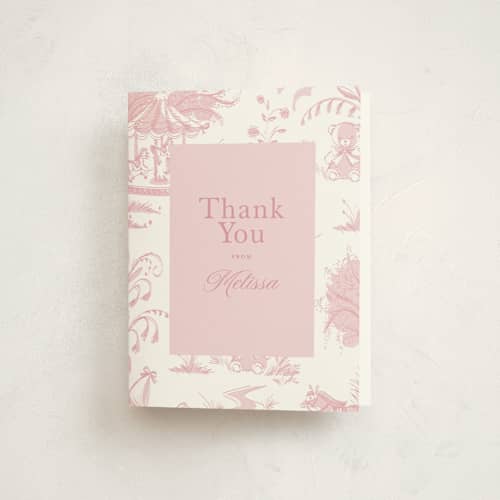 This is a blush baby shower thank you cards with standard by Teju Reval called baby toile printing on strathmore in standard