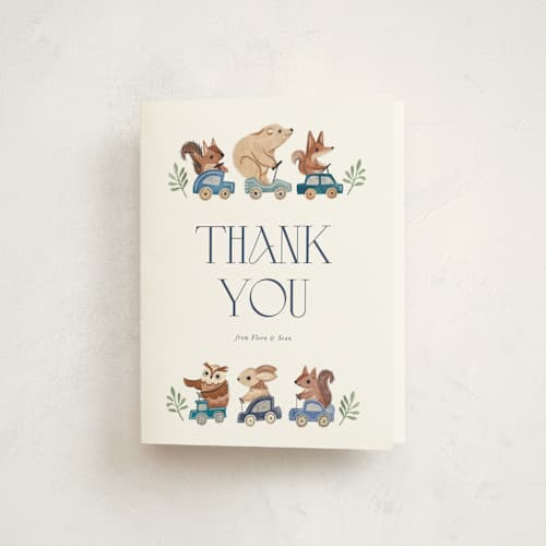 This is a navy baby shower thank you cards with standard by Vivian Yiwing called woodland cars printing on strathmore in standard