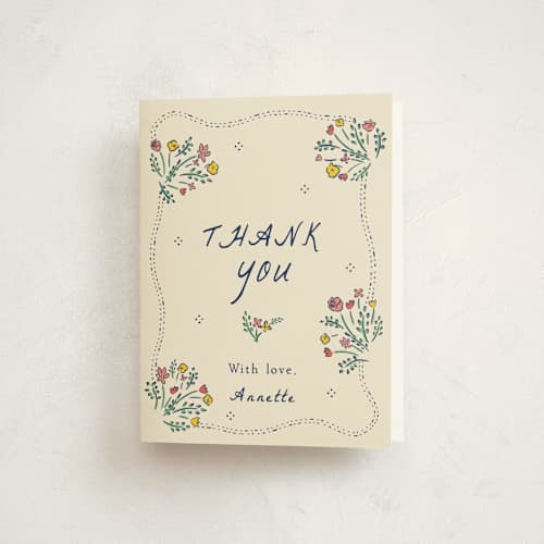 This is a midnight baby shower thank you cards with standard by Sarah Rosenthal called blossoming love printing on strathmore in standard