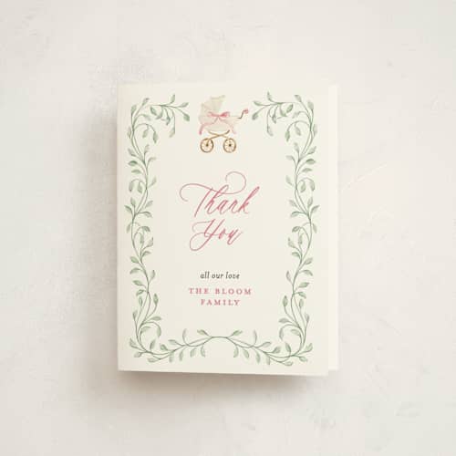 This is a peony baby shower thank you cards with standard by Sarah Knight called graceful printing on strathmore in standard
