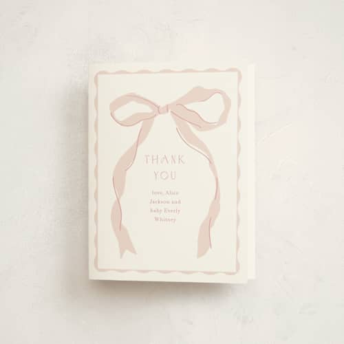 This is a blush baby shower thank you cards with standard by Baumbirdy called framed bow printing on strathmore in standard