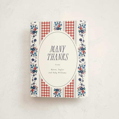 This is a tomato baby shower thank you cards with standard by Emily Sabol Goss called pattern mix printing on strathmore in standard