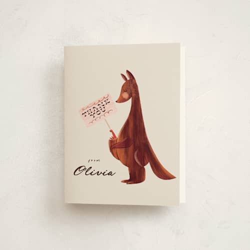 This is a cream baby shower thank you cards with standard by Gwen Bedat called kangaroo pop printing on strathmore in standard