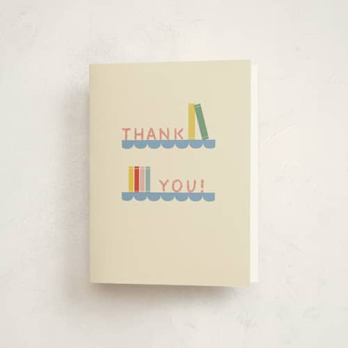 This is a classic library baby shower thank you cards with standard by Julia Starr called baby shelfie printing on strathmore in standard