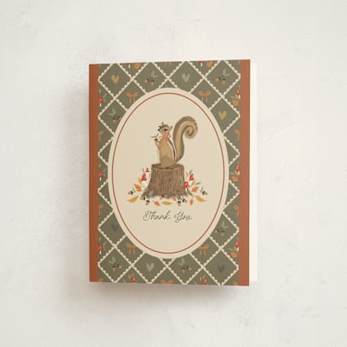 This is a pumpkin baby shower thank you cards with standard by Jackie Crawford called nuts for baby printing on strathmore in standard